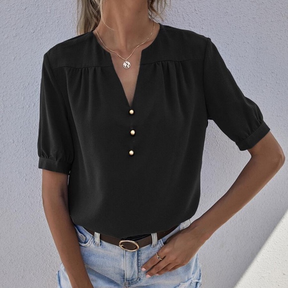 BellanBlue Tops - Boho Button Detail Notched Neck Top Casual Black